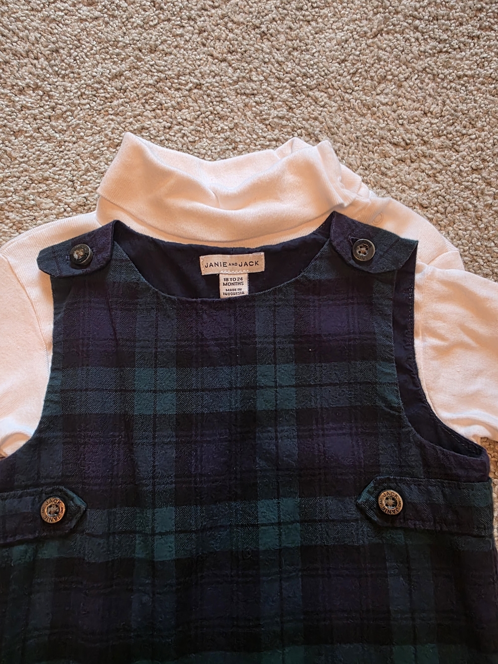 Janie and Jack Green Navy Plaid Pinafore with White Turtleneck 18-24 Mo